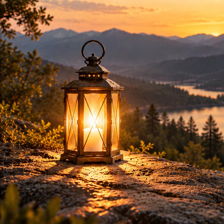 A lantern glowing on a rock above a mountain lake at sunset